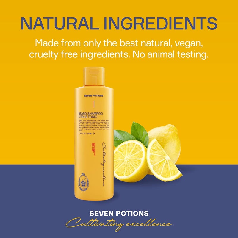 SEVEN POTIONS Citrus Tonic men Beard Shampoo, 8.45 Fl Oz - Natural, Vegan, Cruelty Free -for Itch, Dandruff & Irritation - Made in England - Image 4
